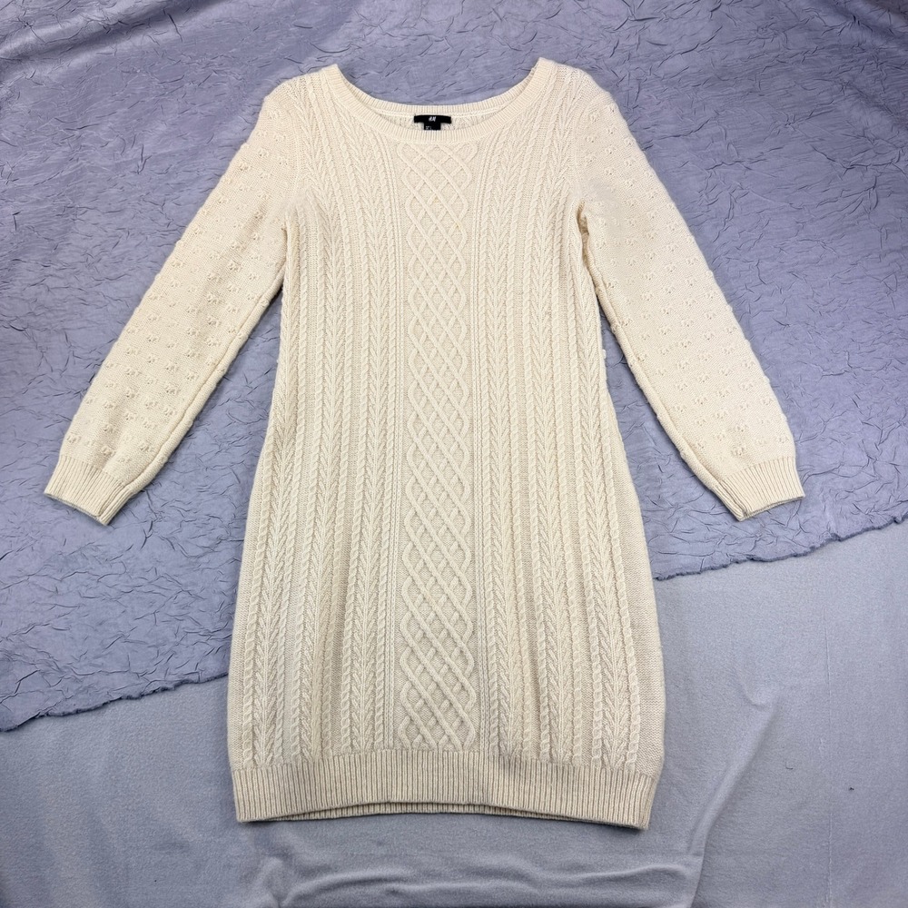 H&M Cream Cable Knit Wool Blend Sweater Dress Long Sleeve Scoop Neck Sz L